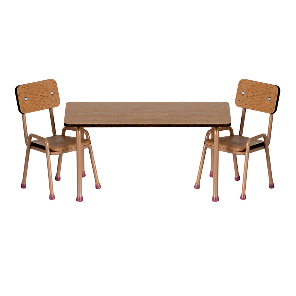 Complete Maileg table and chair set in dark powder, showcasing its elegant miniature design