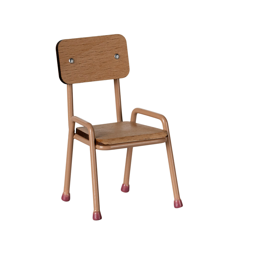 Maileg mouse-sized chair in dark powder pink with wooden backrest and seat.