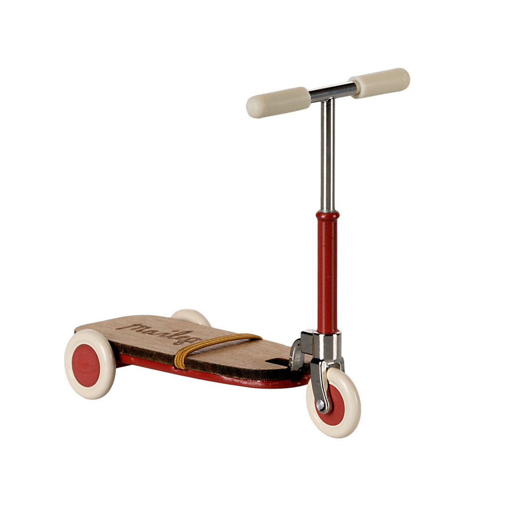 Maileg mouse kickboard scooter in vibrant red with cream handlebars and wheels.