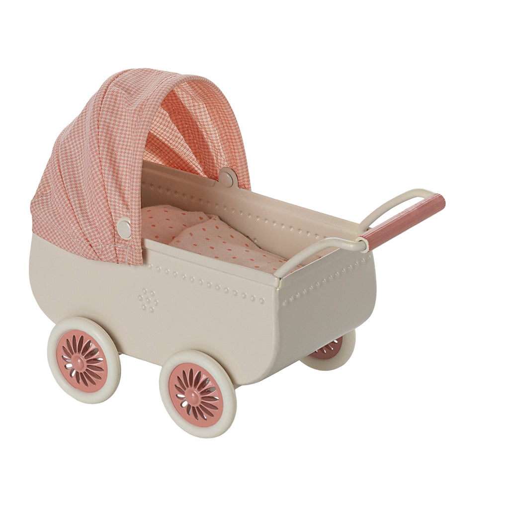 Maileg mouse pram in coral pink with matching gingham canopy and polka-dot bedding.