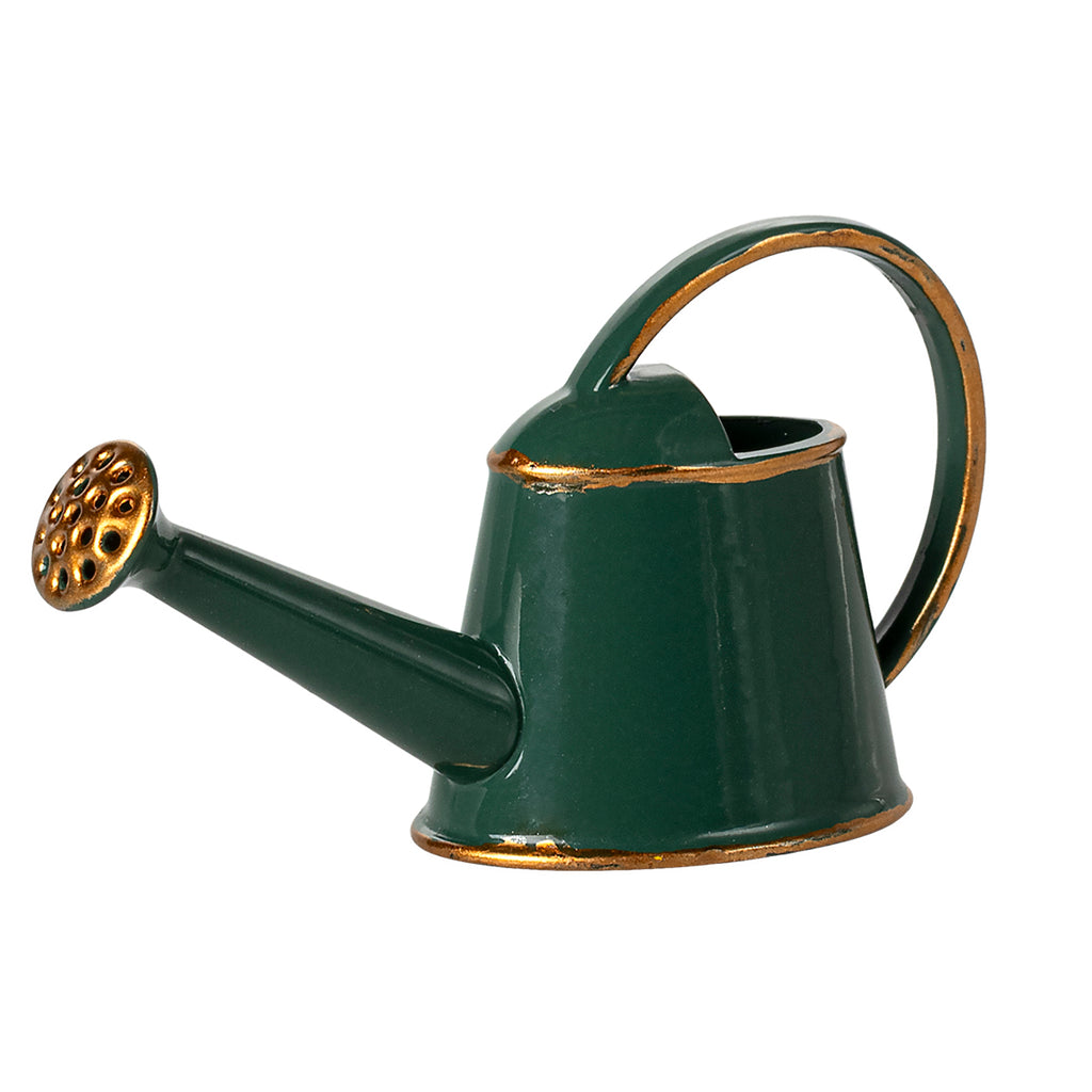 A beautifully crafted Maileg watering can in dark green, featuring elegant gold accents on the handle and spout.