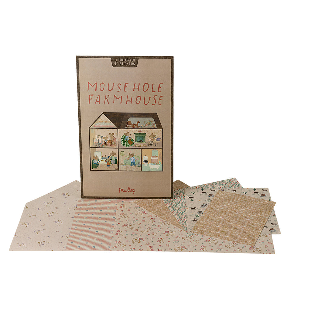 A rectangular box of Maileg Mousehole Farmhouse wallpaper stickers, displayed with multiple floral-themed designs laid out in front.