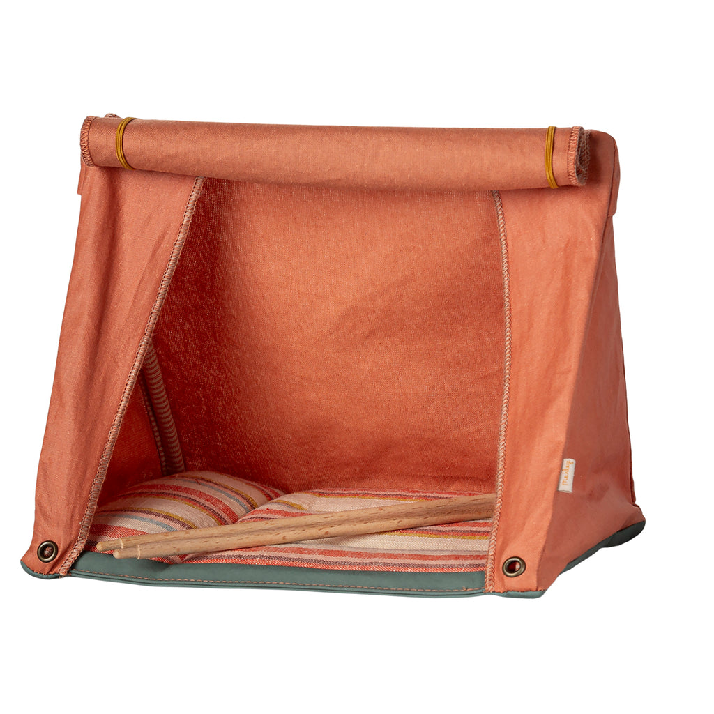 The Maileg Happy Camper Tent in orange, shown with its awning neatly rolled away, perfect for on-the-go adventures.