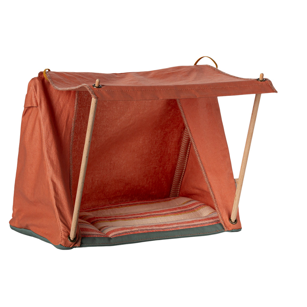 A cosy Maileg Happy Camper Tent in vibrant orange, set up with its awning extended, ready for outdoor adventures.