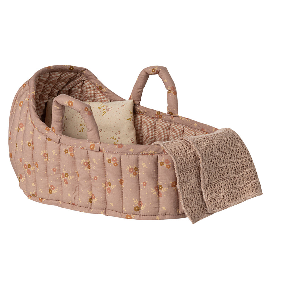 Maileg large carry cot in rose with floral quilted lining and knitted blanket