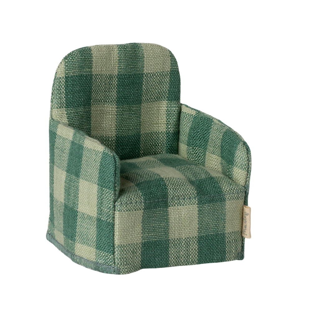 A charming Maileg folding chair in a classic green check pattern, shown from a side angle. Perfectly sized for Maileg mice and their adventures.