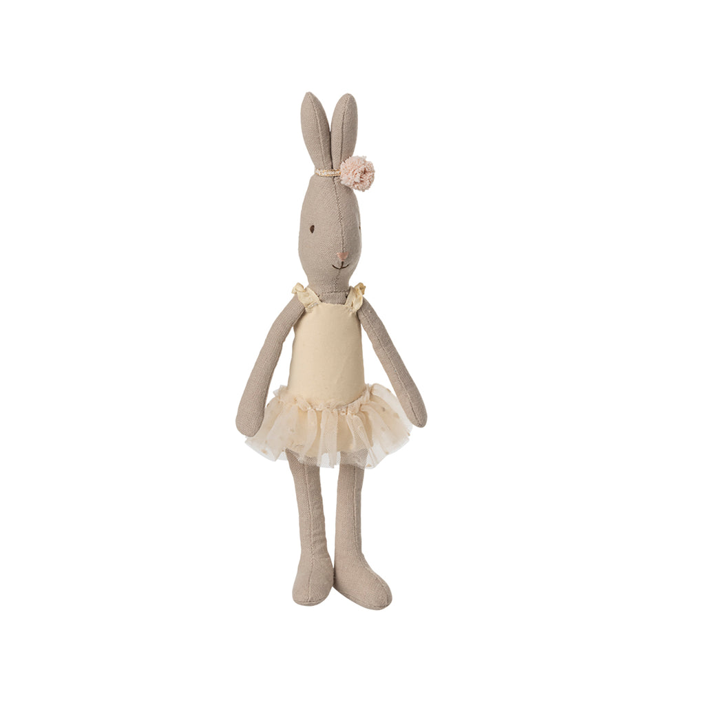 A grey Maileg rabbit dressed in a cream-coloured ballet outfit with a delicate floral headband.