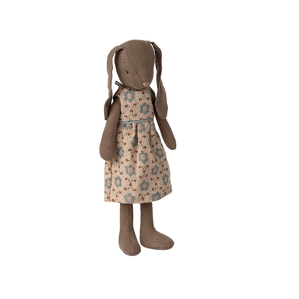 Maileg bunny size 2 in brown wearing a floral patterned dress with blue and beige tones, standing upright with floppy ears.