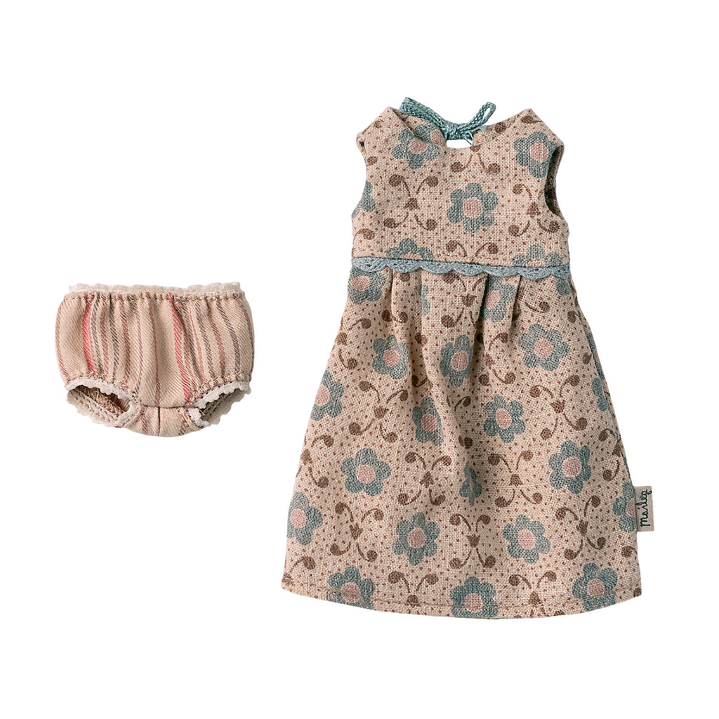 A Maileg clothing set featuring a brown floral-patterned dress paired with striped undergarments.