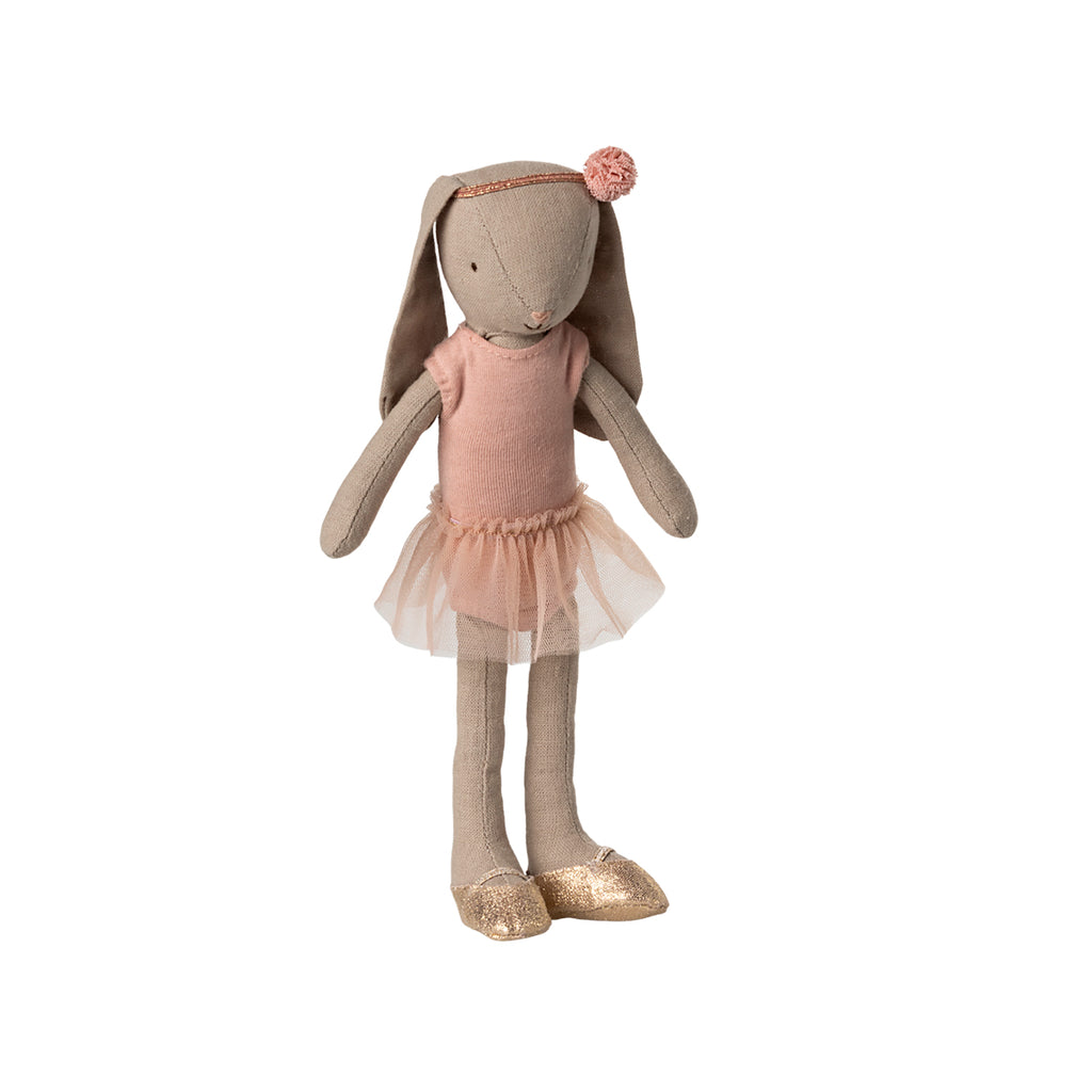 Maileg bunny in rose ballet dress with gold shoes, size 2, standing pose