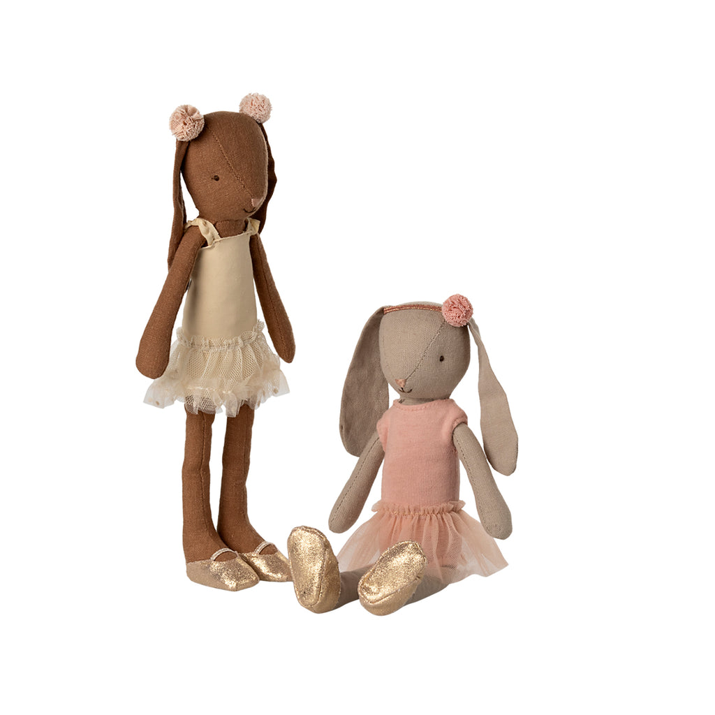 Maileg bunnies in rose and cream ballet dresses with gold shoes, size 2, one sitting and one standing