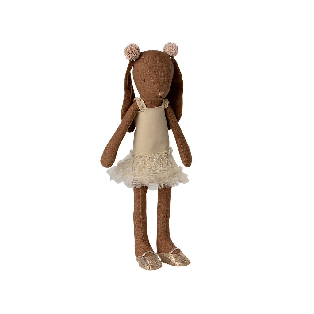 Maileg bunny in cream ballet dress with gold shoes, size 2, standing pose.