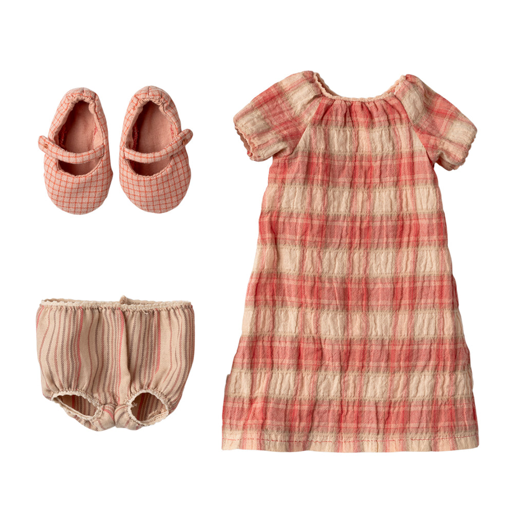 Maileg size 3 chocolate brown bunny outfit set, featuring a pink checked dress, matching bloomers, and gingham shoes, laid flat