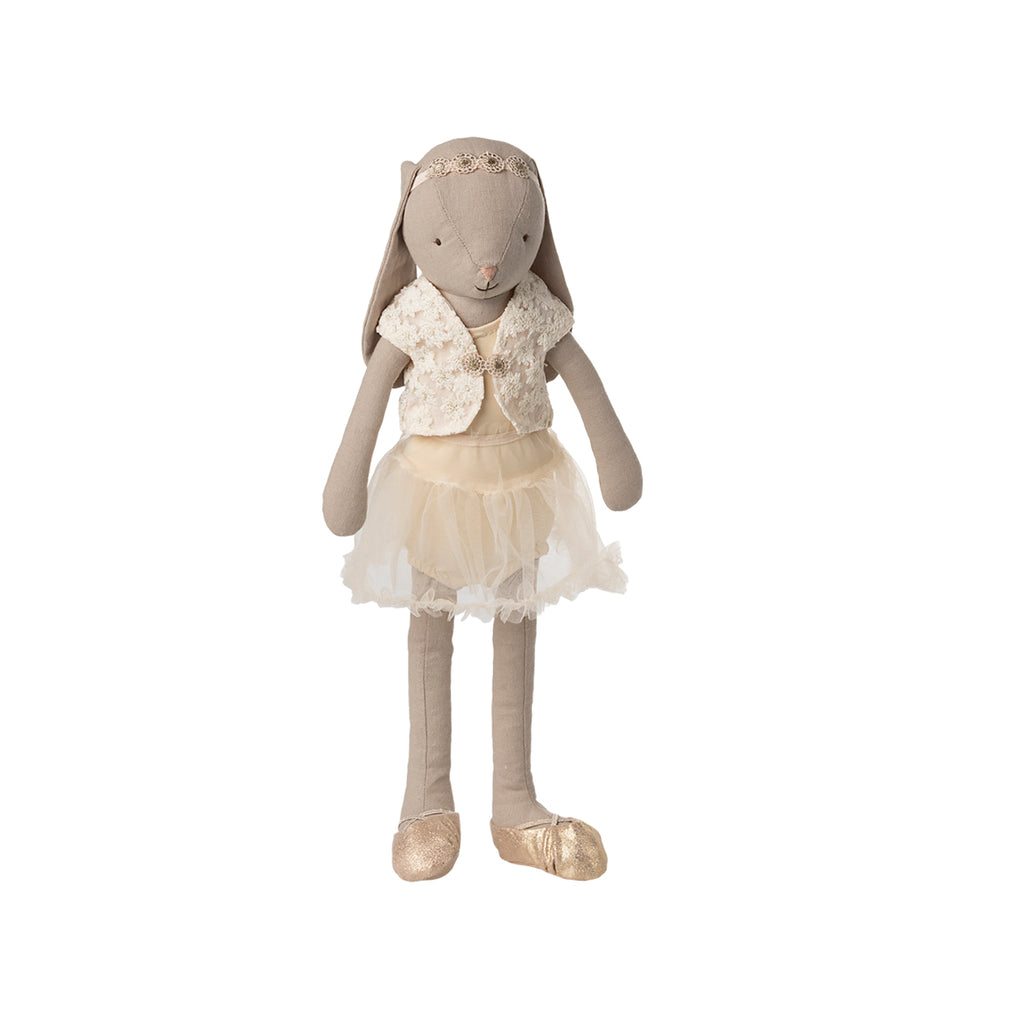 Maileg Bunny size 3 wearing a cream ballet suit and skirt, adorned with a floral vest, gold ballet shoes, and a sparkling headband.