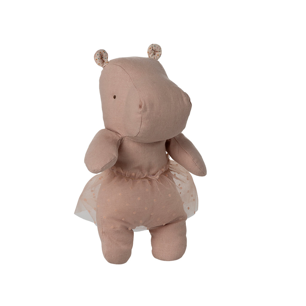 Maileg Safari Friends hippo plush in soft rose, wearing a delicate polka-dot tulle skirt