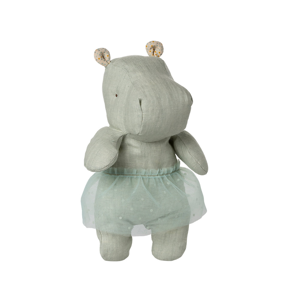 Maileg Safari Friends hippo plush in mint green, wearing a sheer polka-dot tulle skirt