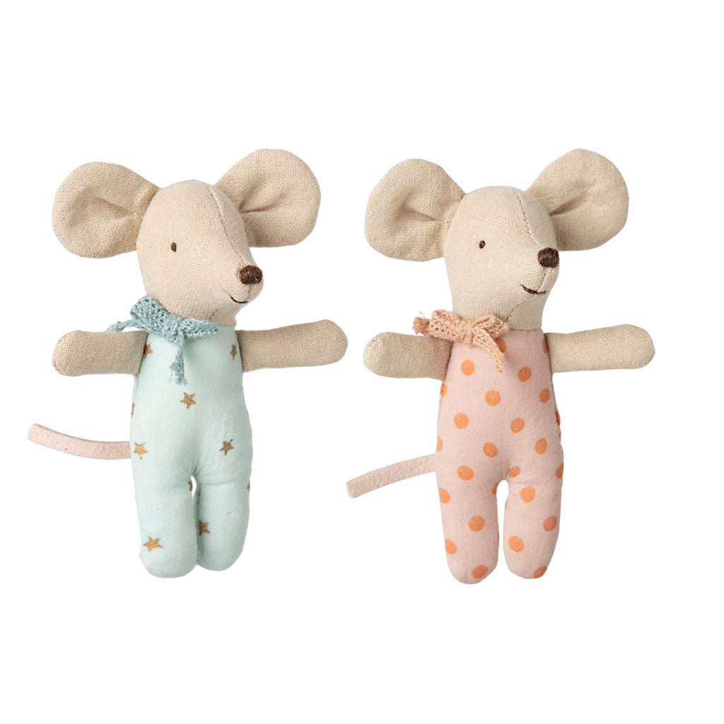 Two Maileg baby mice in starry mint and polka dot peach outfits with bows