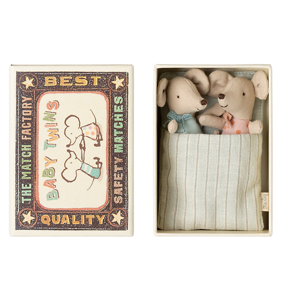 Maileg baby twin mice snuggled in a matchbox with striped bedding