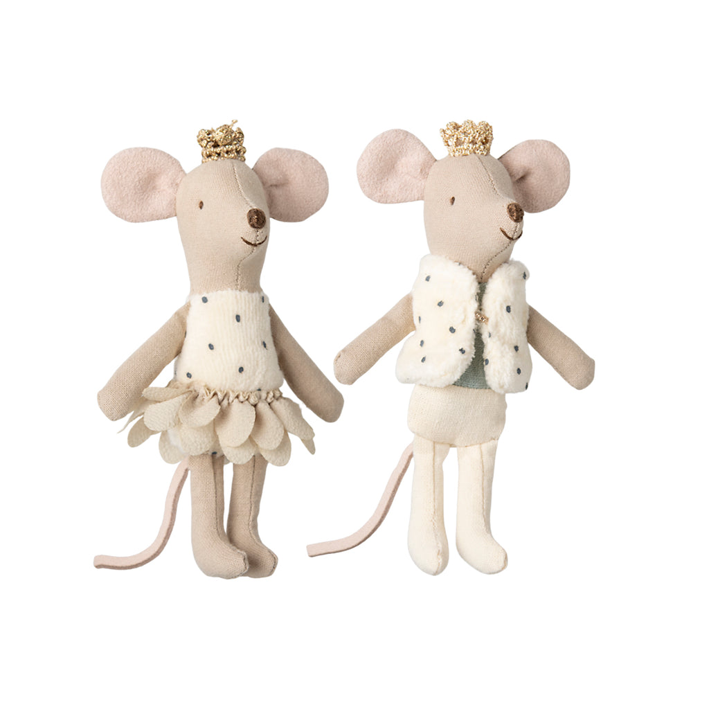 Maileg royal twin mice dressed in regal outfits with golden crowns.