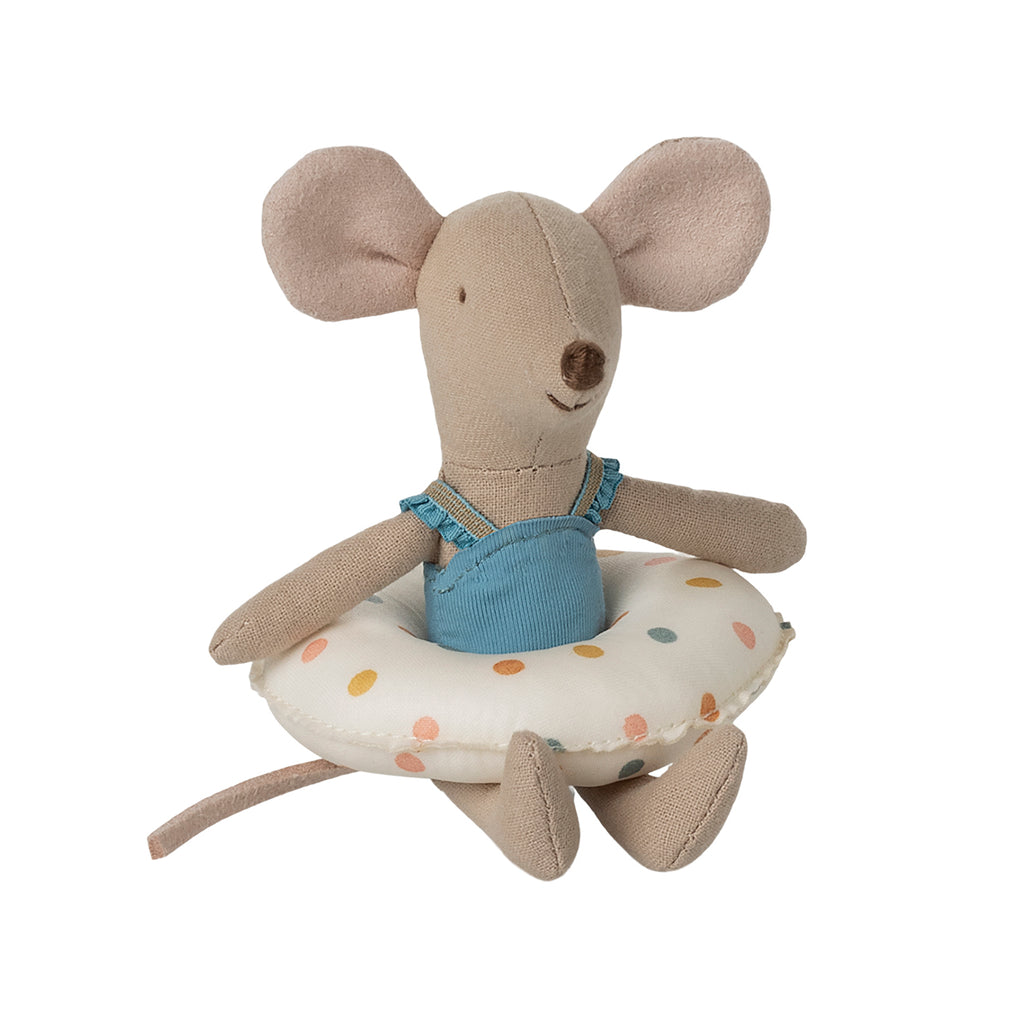 Maileg Beach Mouse in a blue swimsuit with a multi-dot float