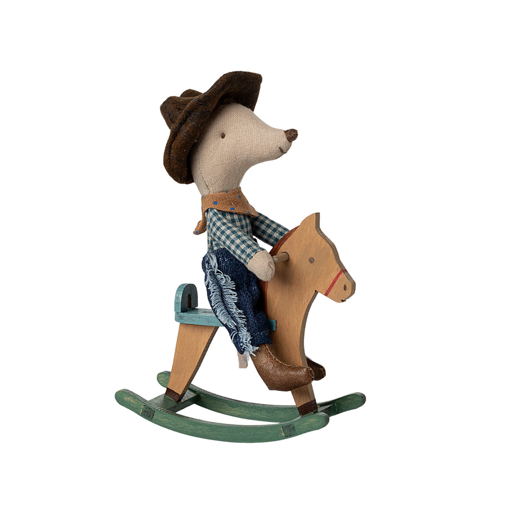 Maileg Cowboy Mouse riding a rocking horse, wearing a hat and jeans