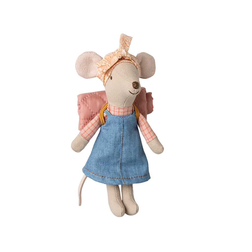 Maileg Big Sister Hiker Mouse wearing a denim dress and carrying a rolled pink sleeping bag