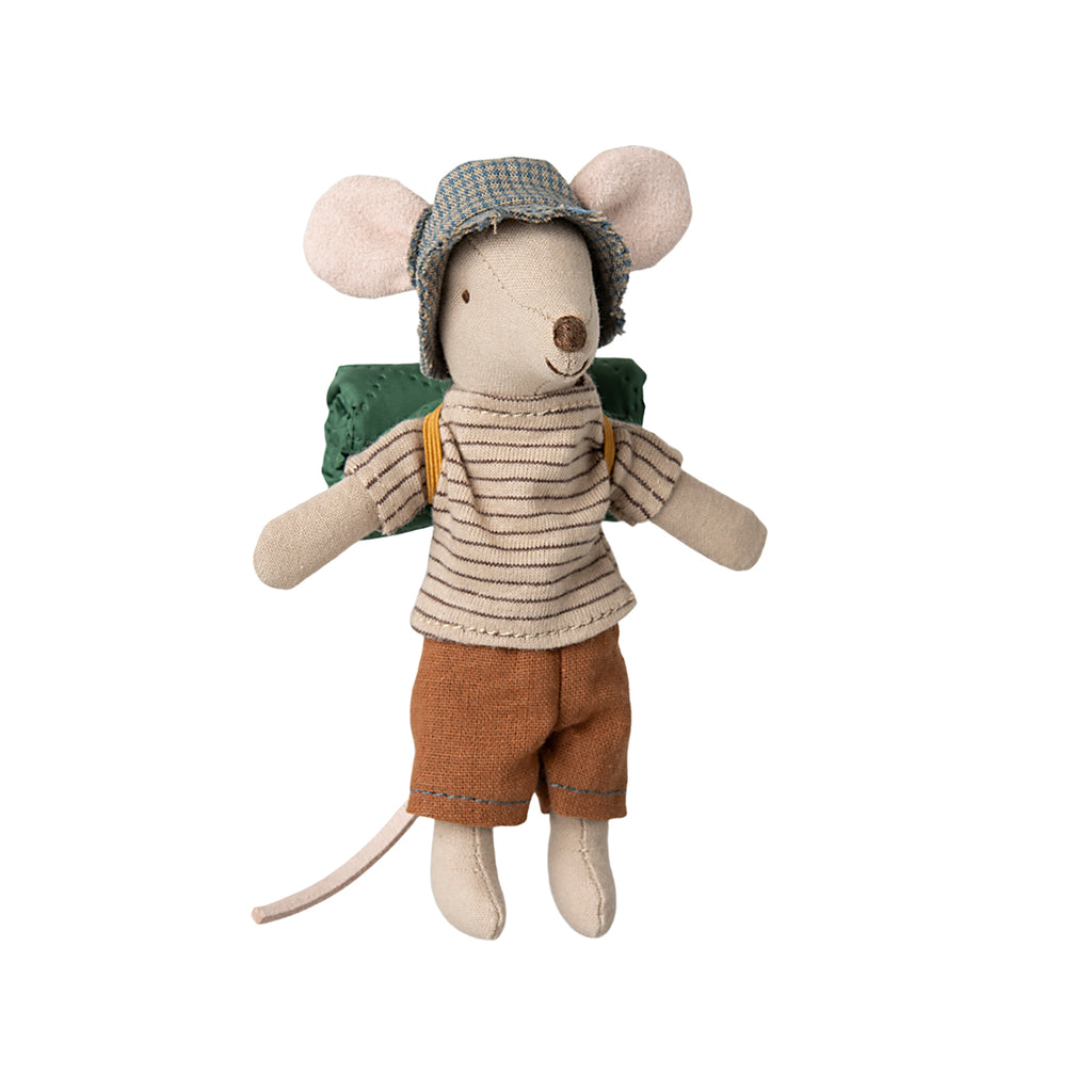 Maileg Big Brother Hiker Mouse wearing a thin-striped shirt, brown shorts, and a checked hat while carrying a green rolled sleeping bag