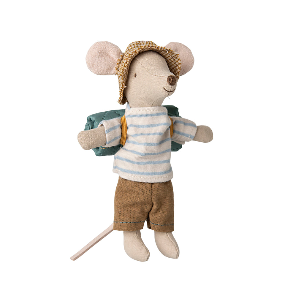 Maileg Big Brother Hiker Mouse dressed in a light blue and white striped shirt, brown shorts, and a checked hat, holding a rolled blue sleeping bag