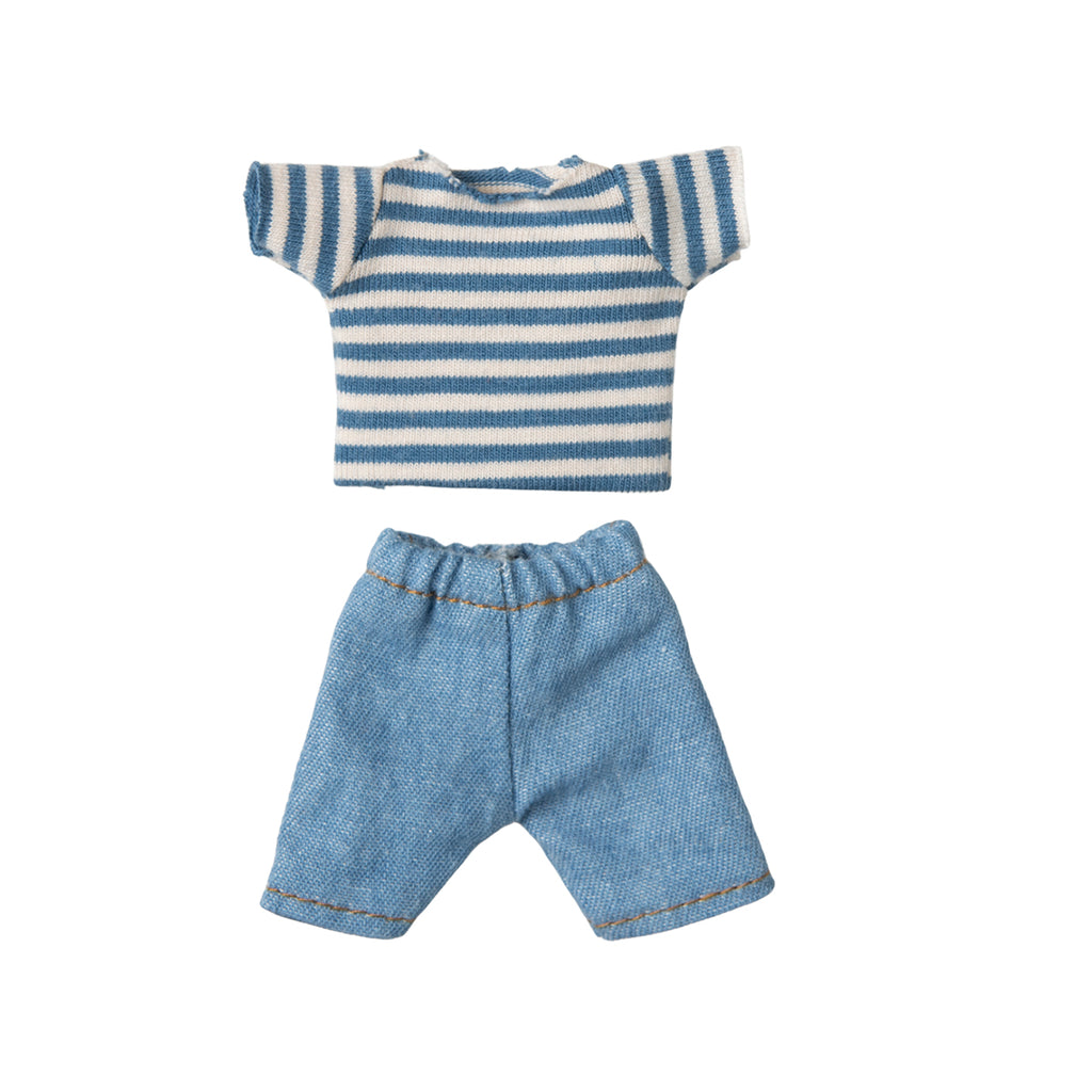 Maileg Loui Max blue and cream striped knitted jumper with light blue trousers for Big Brother Mouse