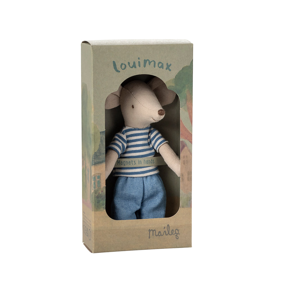 Maileg Louimax Big Brother Mouse in packaging wearing a striped blue shirt and blue trousers