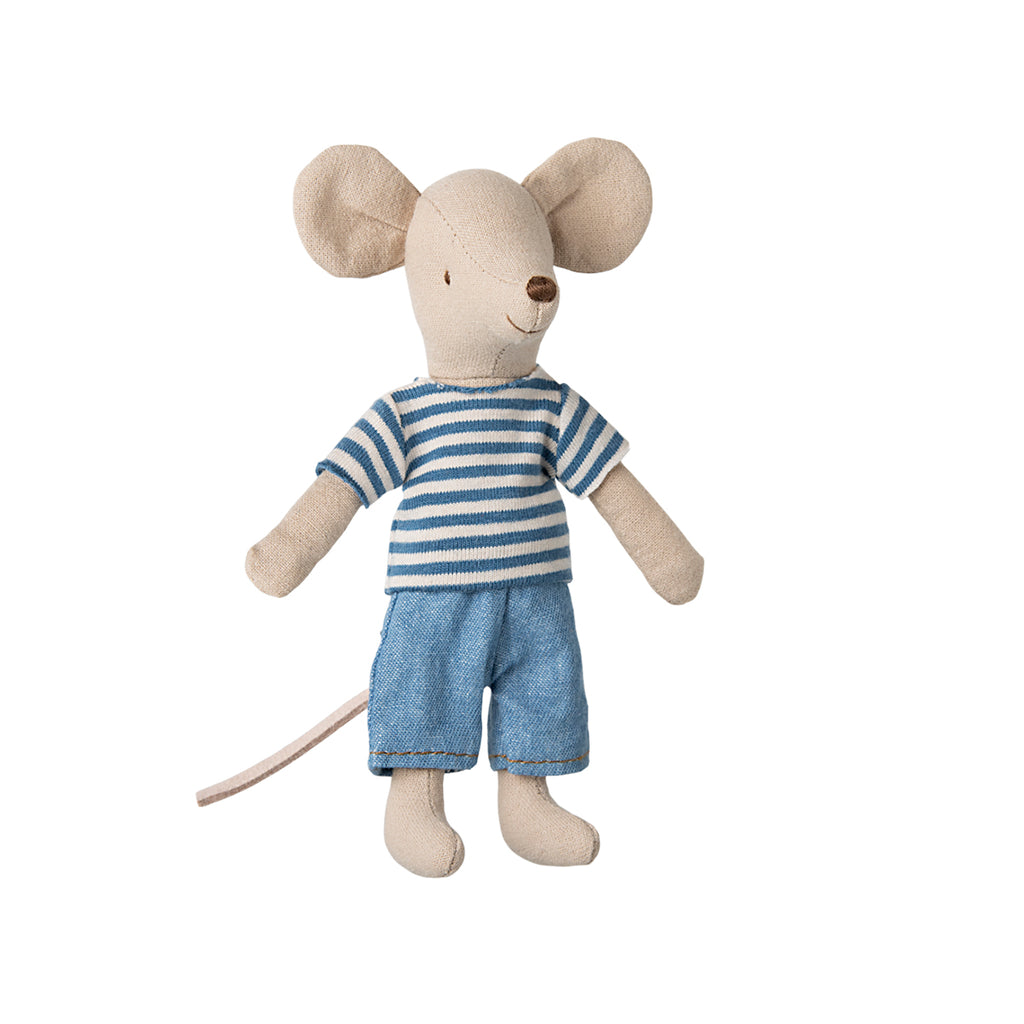 Maileg Louimax Big Brother Mouse out of packaging wearing a striped blue shirt and blue trousers