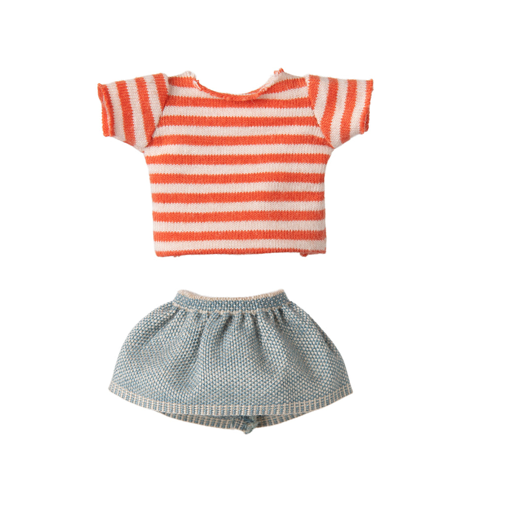 Maileg knitted orange striped sweater and pale blue skirt set for Big Sister Mouse