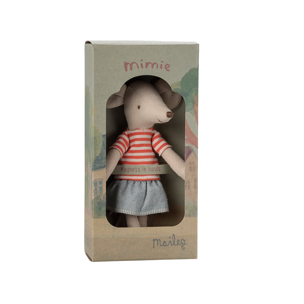 Maileg Mimie Big Sister Mouse in packaging wearing a striped orange sweater and blue skirt