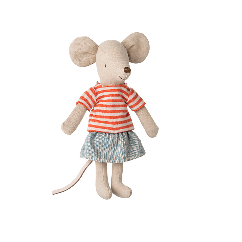 Maileg Mimie Big Sister Mouse out of packaging wearing a striped orange sweater and blue skirt