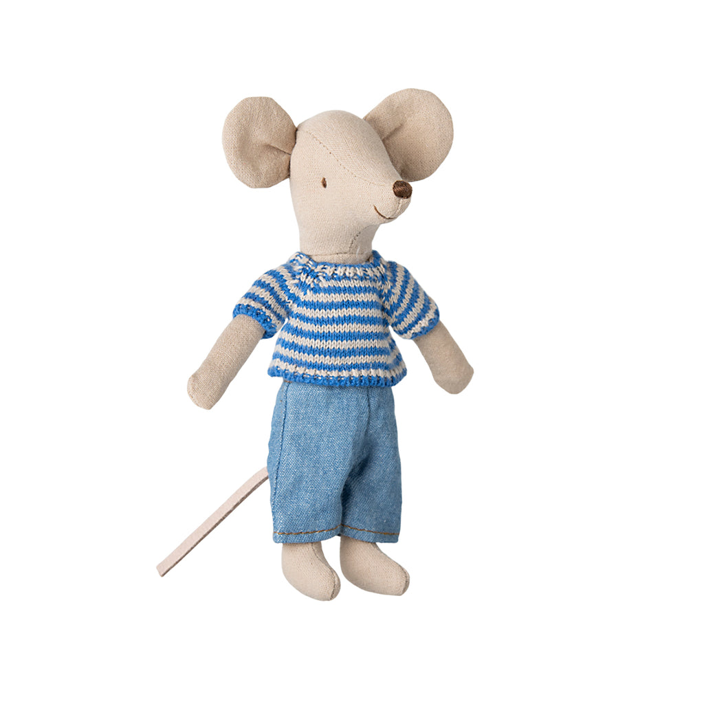 Maileg Big Brother Mouse in blue and cream striped knitted jumper with denim trousers