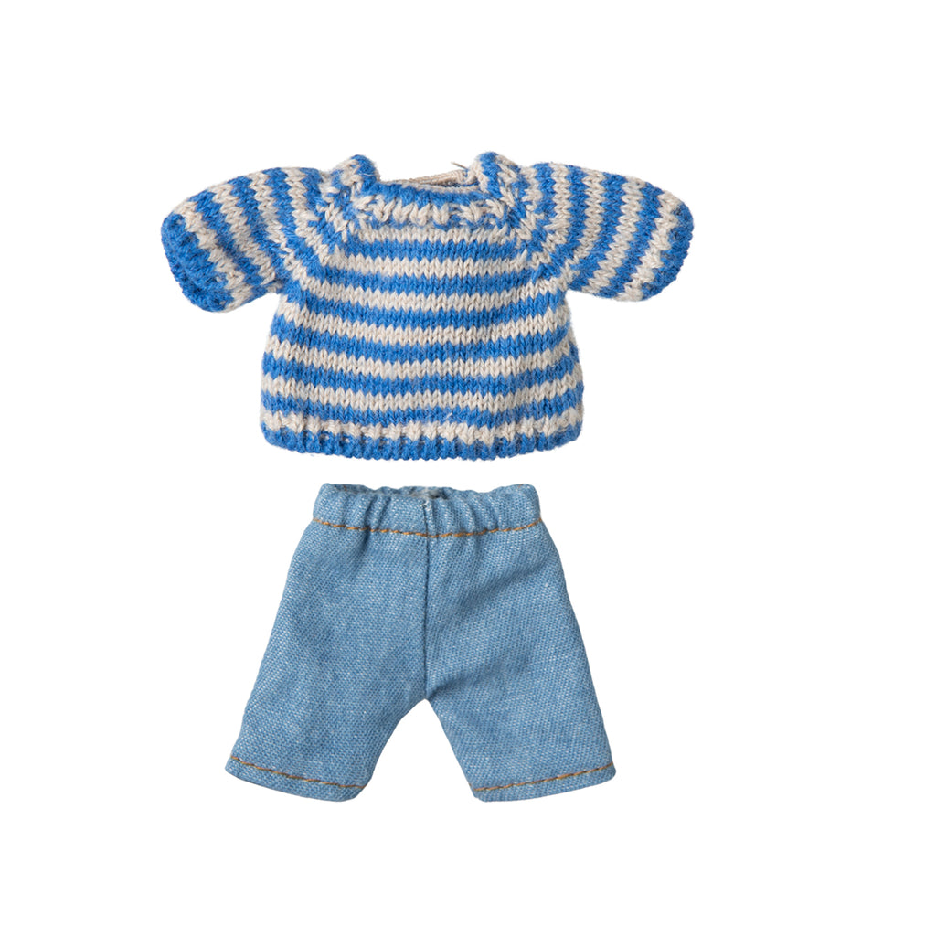 Maileg blue and cream striped knitted jumper and denim trousers outfit for Big Brother Mouse