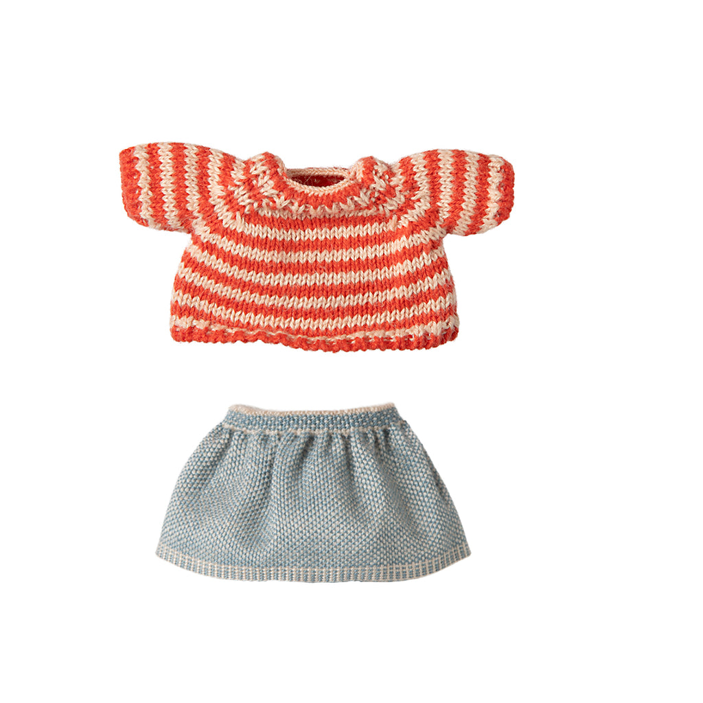 Maileg red and white striped knitted jumper with a pale blue knitted skirt for Big Sister Mouse