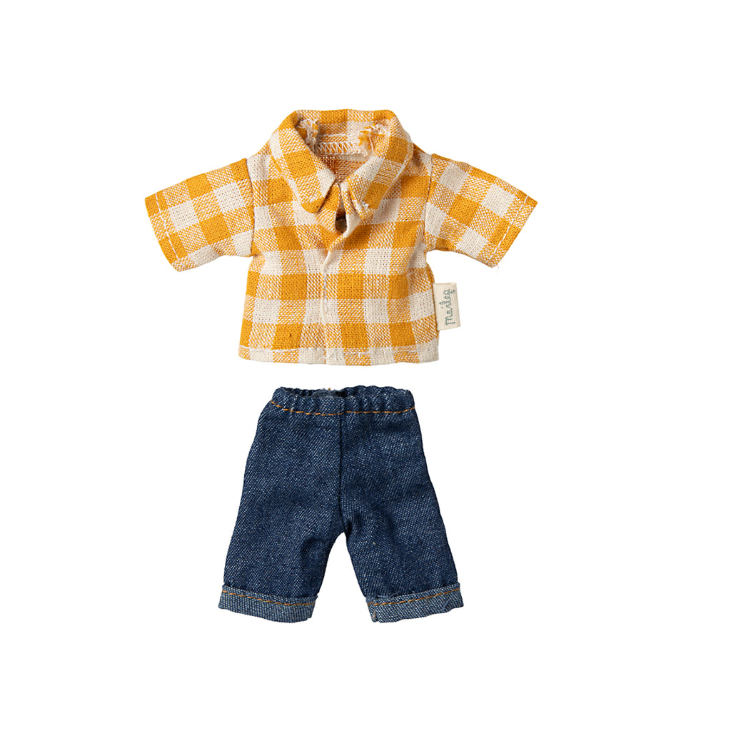 Maileg yellow gingham shirt and denim trousers set for mice, displayed flat.