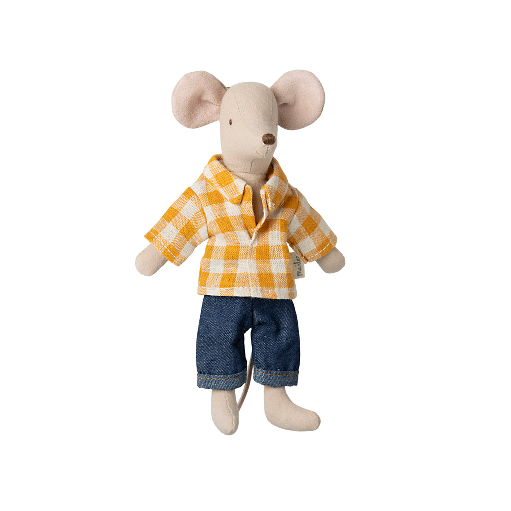 Maileg Dad Mouse in yellow checked shirt and denim pants, a stylish addition to the UK Maileg collection.