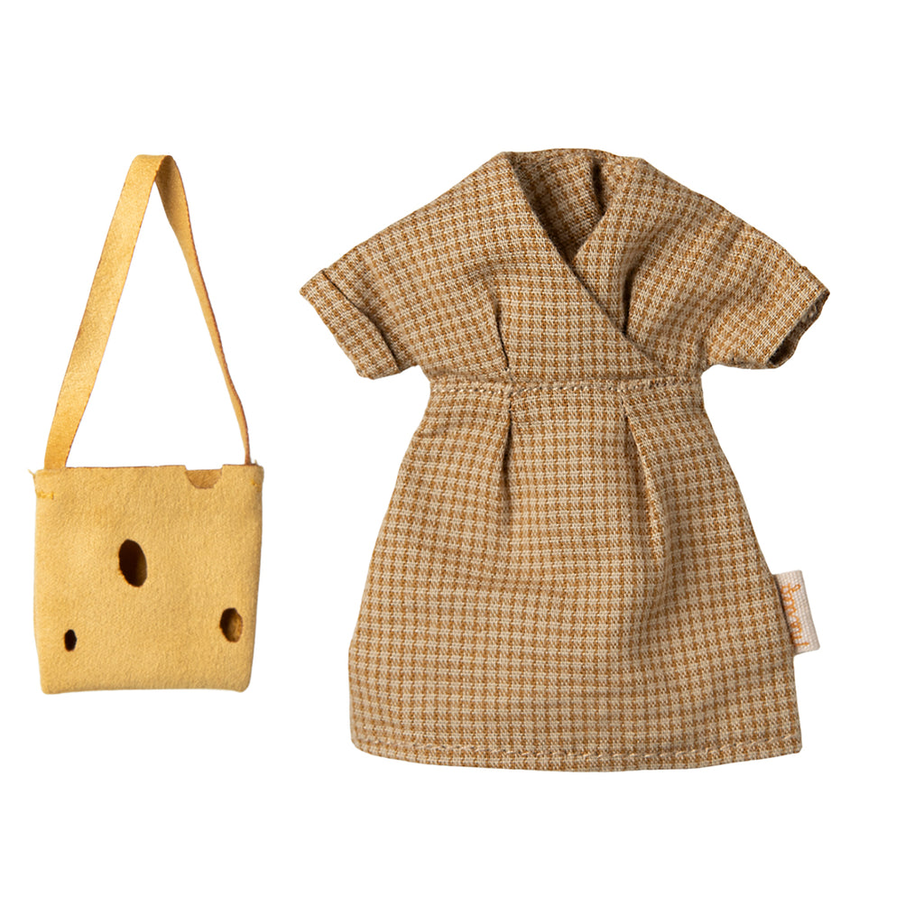 Maileg houndstooth dress for mice with a yellow cheese-shaped handbag, displayed flat.