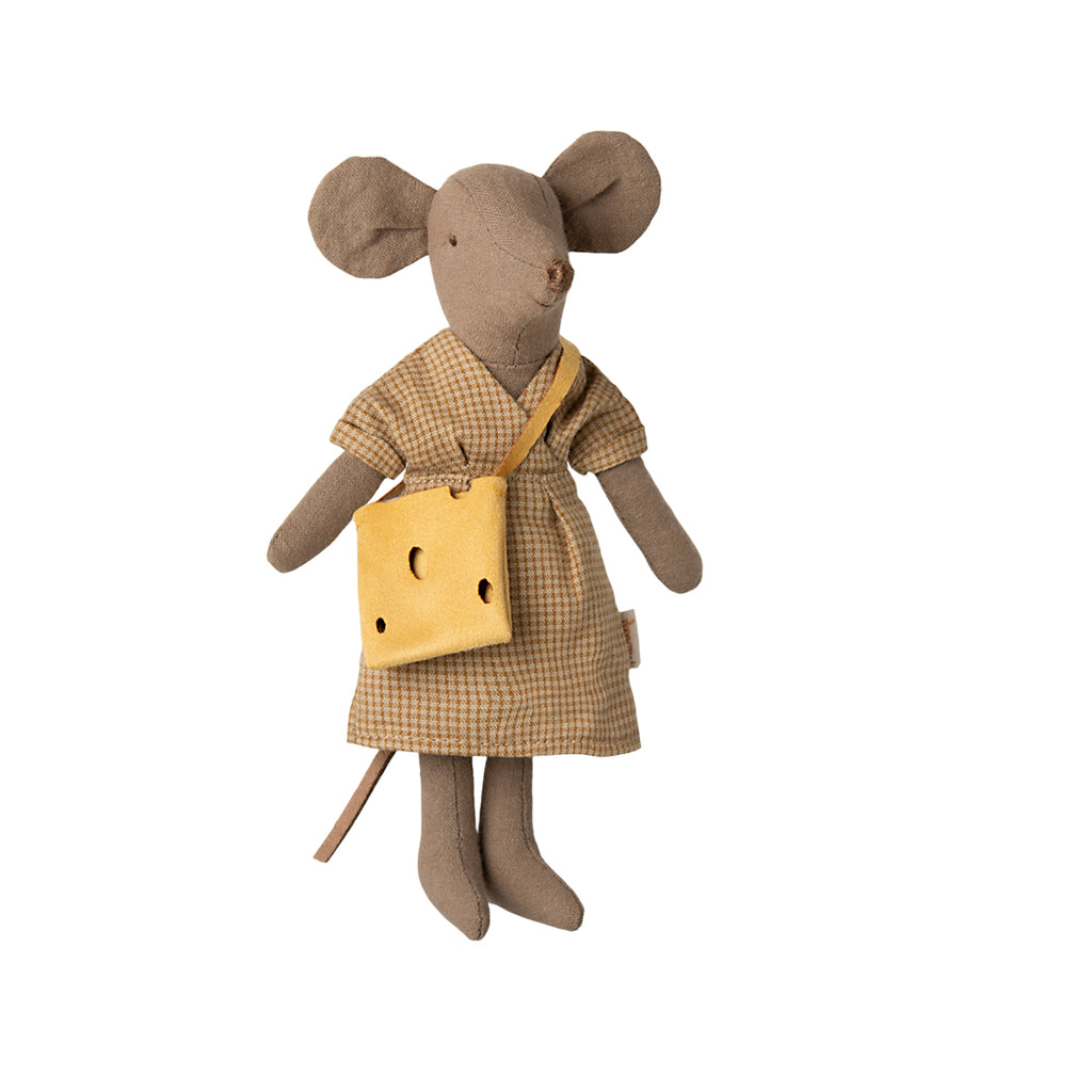 Maileg mouse dressed in a houndstooth dress and carrying a yellow cheese-shaped handbag, standing upright.