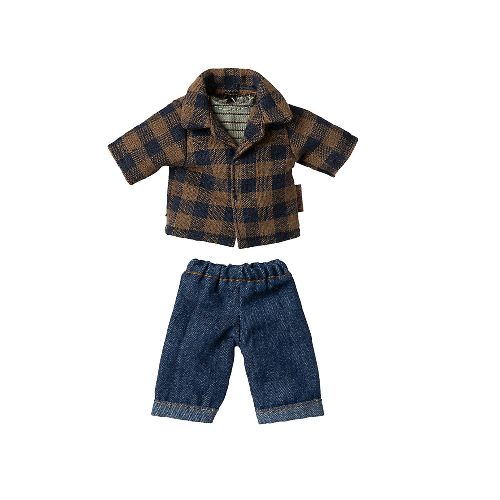 Maileg blue and brown plaid jacket with denim trousers for mice, displayed flat.