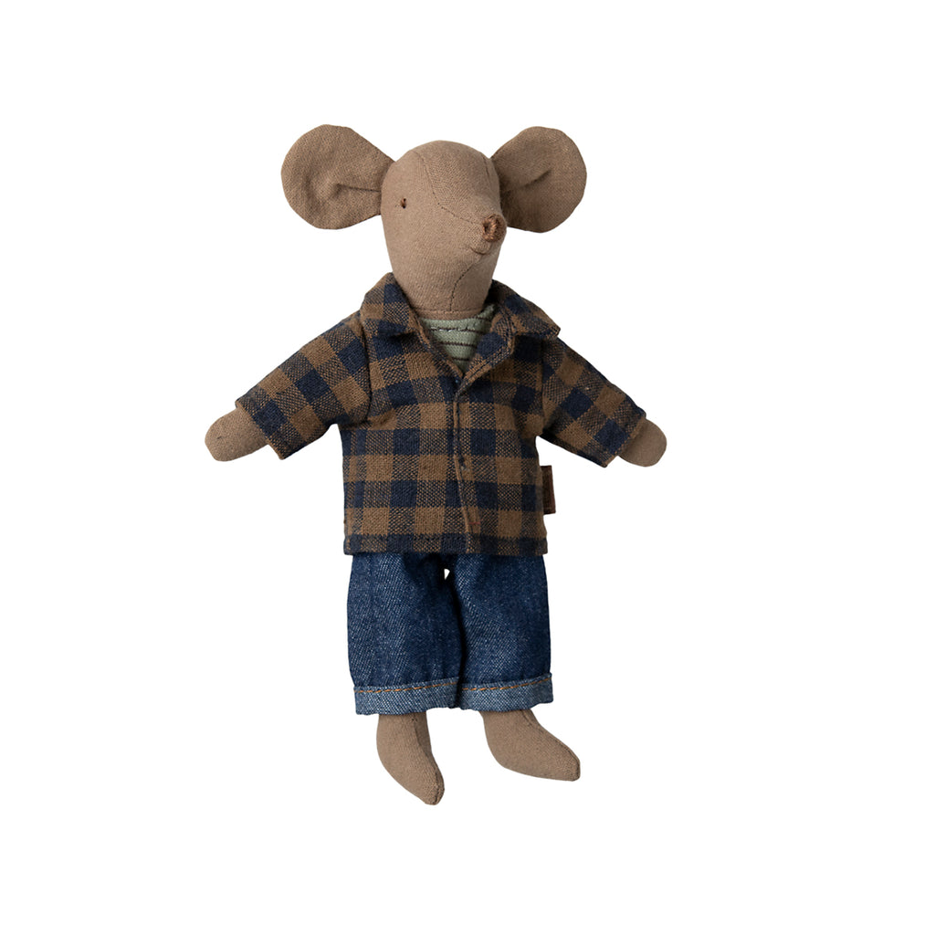 Maileg mouse wearing a blue and brown plaid jacket and denim trousers, standing upright.