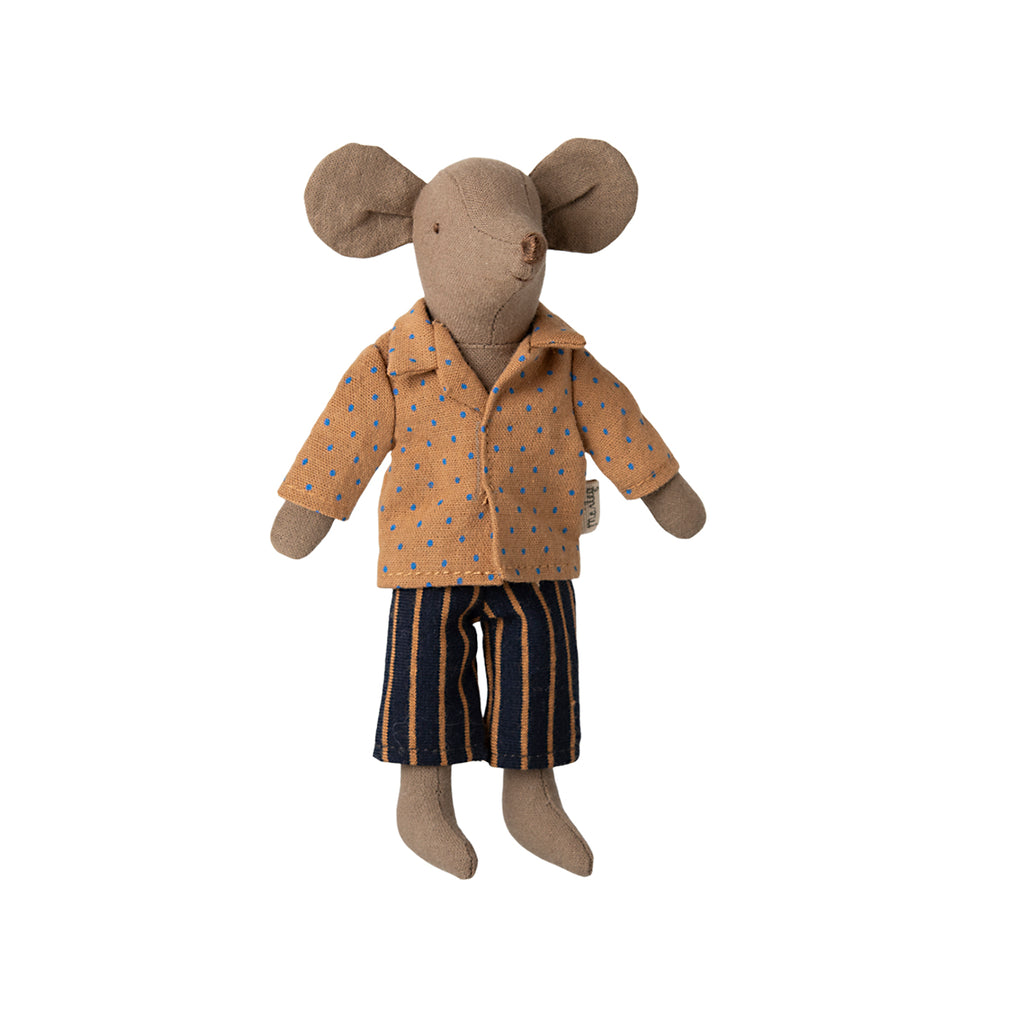 Maileg Dad Mouse dressed in a polka-dot shirt and striped trousers, stylish UK Maileg favourite.