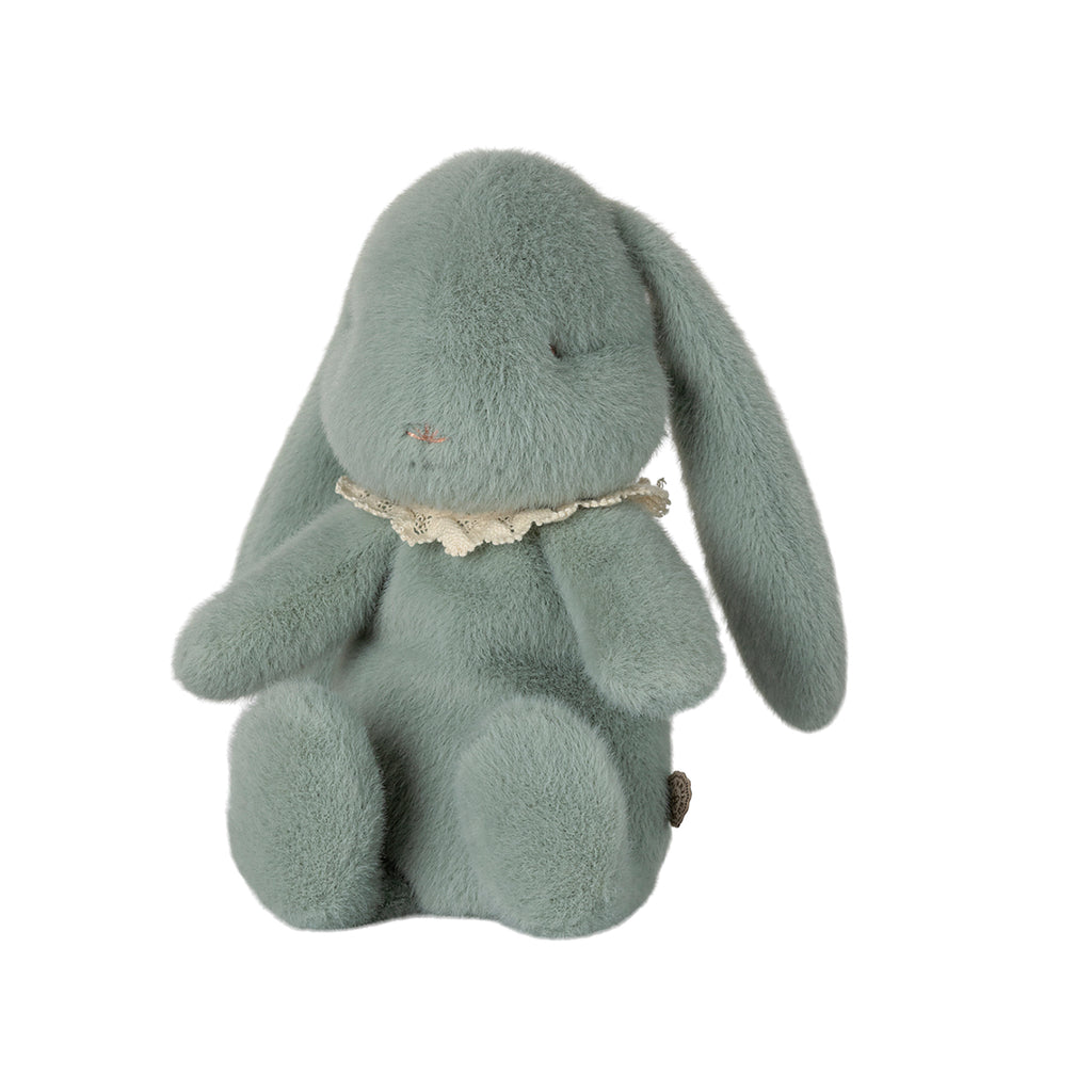 Maileg mint plush bunny with floppy ears, wearing a delicate lace collar, sitting upright.