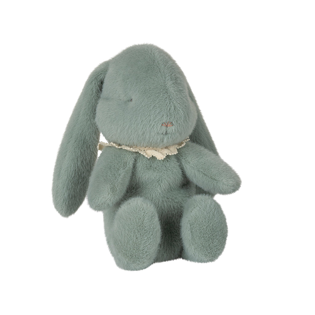 Maileg mint plush bunny with floppy ears, wearing a lace collar, tilted slightly to the side.