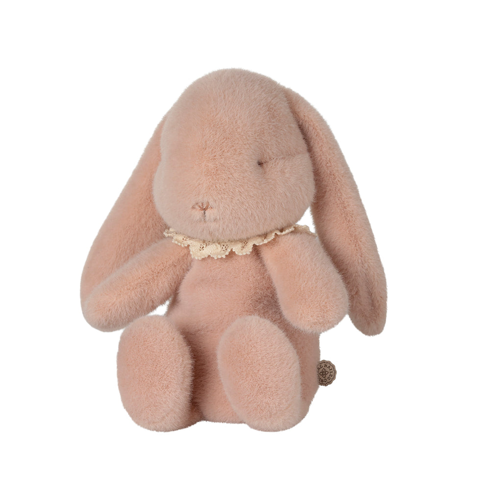 Powder pink Maileg bunny plush toy in a seated position with lace collar