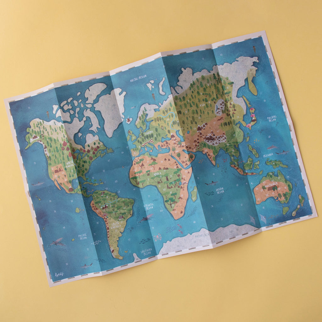 Folded Londji Animal World map poster showcasing different continents and their wildlife.