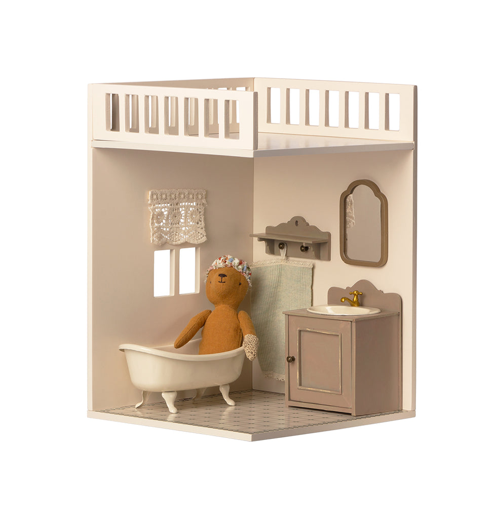 "Assembled Maileg House of Miniature Bonus Room with bathtub and teddy, perfect UK dollhouse decor."