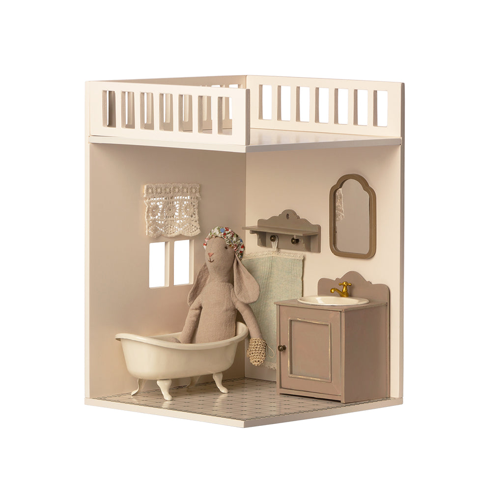 "Assembled Maileg House of Miniature Bonus Room with bathtub and bunny, perfect UK dollhouse decor."